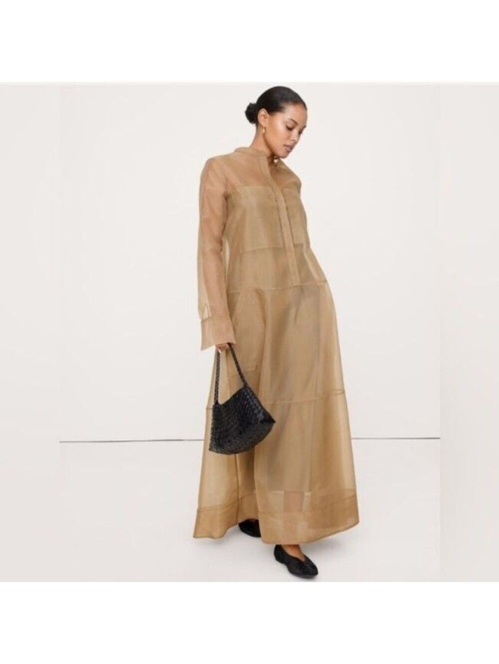 Banana Republic Organza Maxi Shirt Dress tan gold party